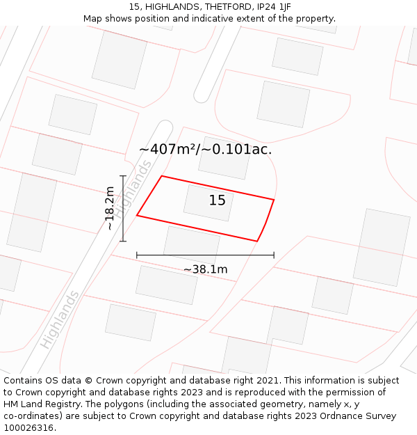 15, HIGHLANDS, THETFORD, IP24 1JF: Plot and title map