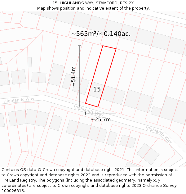 15, HIGHLANDS WAY, STAMFORD, PE9 2XJ: Plot and title map