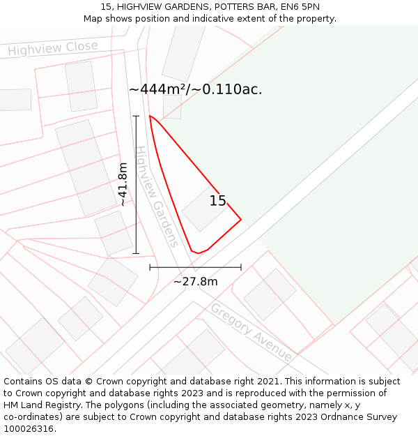 15, HIGHVIEW GARDENS, POTTERS BAR, EN6 5PN: Plot and title map