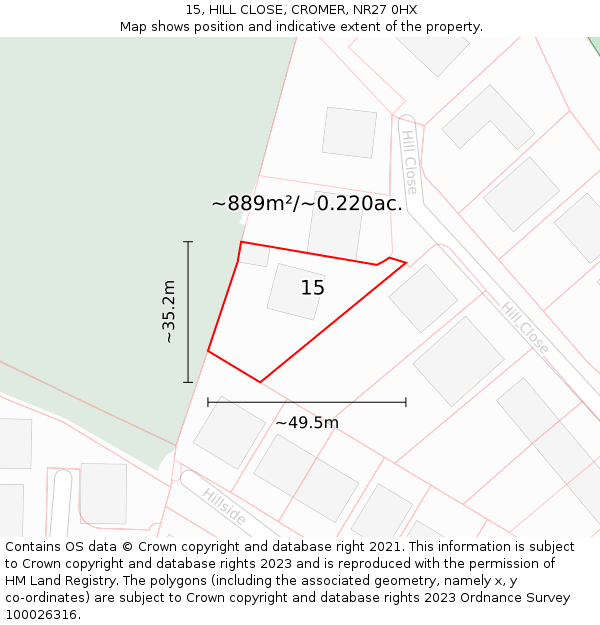 15, HILL CLOSE, CROMER, NR27 0HX: Plot and title map