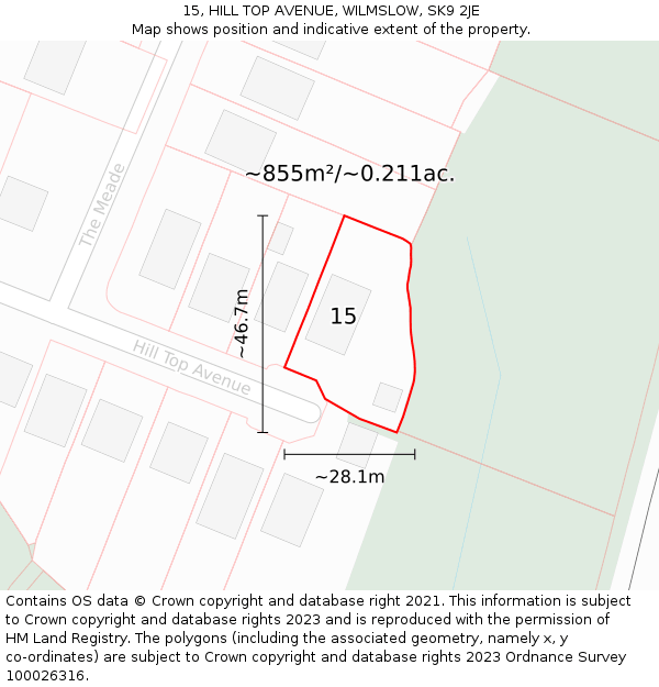 15, HILL TOP AVENUE, WILMSLOW, SK9 2JE: Plot and title map