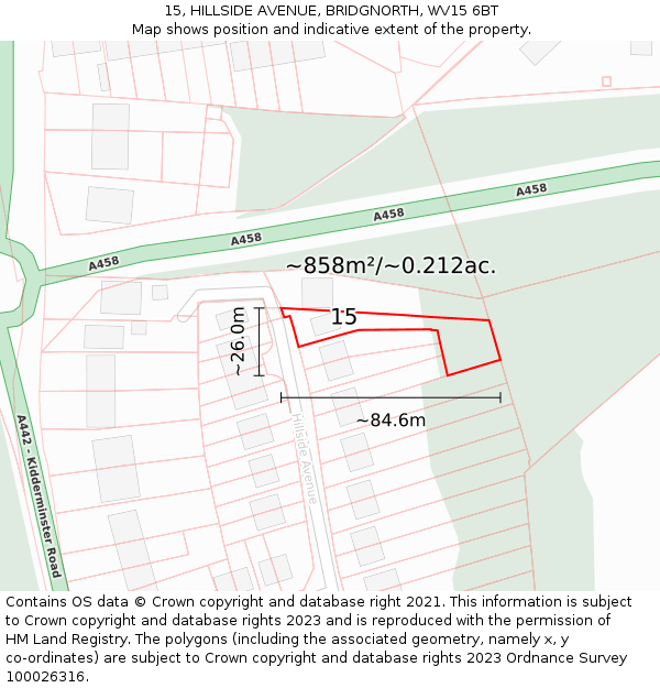 15, HILLSIDE AVENUE, BRIDGNORTH, WV15 6BT: Plot and title map