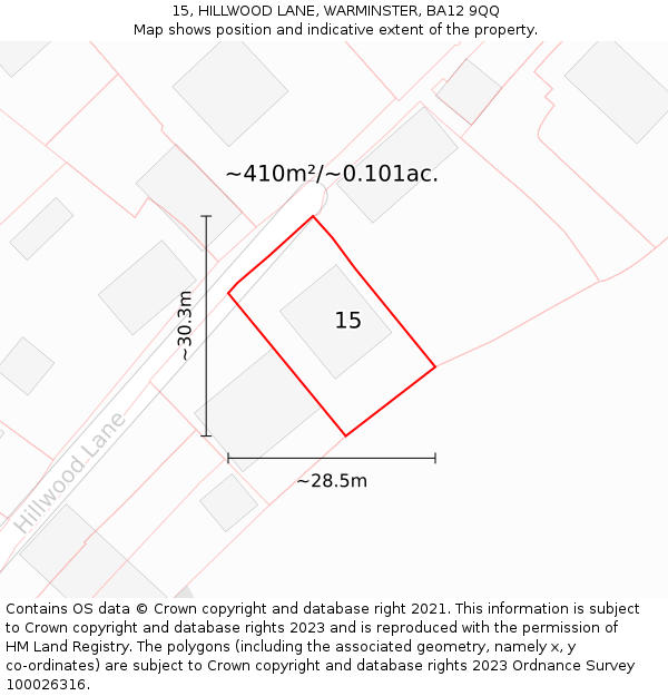 15, HILLWOOD LANE, WARMINSTER, BA12 9QQ: Plot and title map