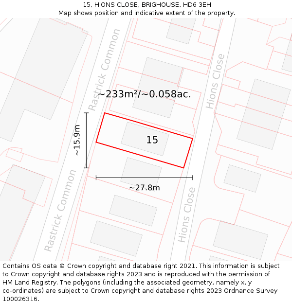 15, HIONS CLOSE, BRIGHOUSE, HD6 3EH: Plot and title map