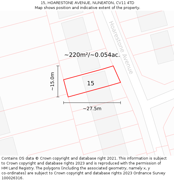 15, HOARESTONE AVENUE, NUNEATON, CV11 4TD: Plot and title map
