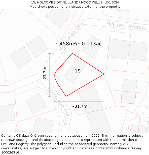 15, HOLCOMBE DRIVE, LLANDRINDOD WELLS, LD1 6DN: Plot and title map