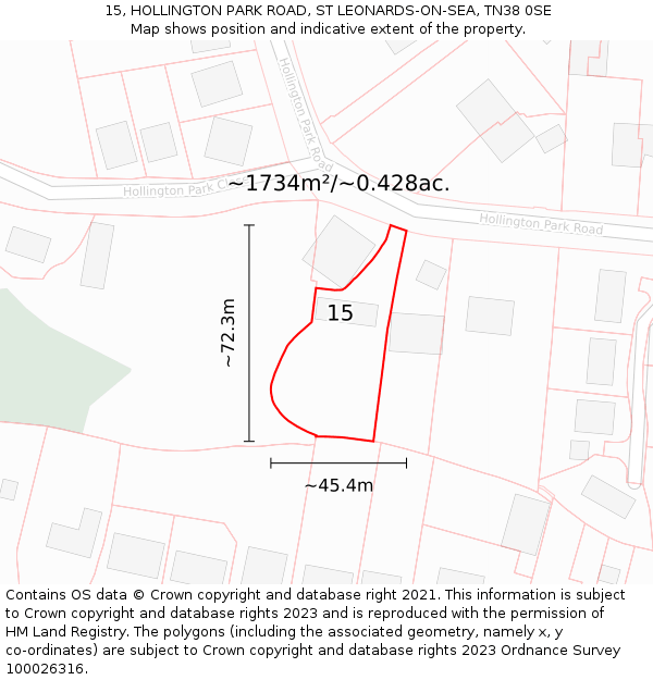 15, HOLLINGTON PARK ROAD, ST LEONARDS-ON-SEA, TN38 0SE: Plot and title map