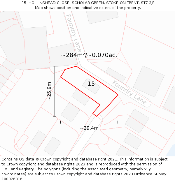 15, HOLLINSHEAD CLOSE, SCHOLAR GREEN, STOKE-ON-TRENT, ST7 3JE: Plot and title map