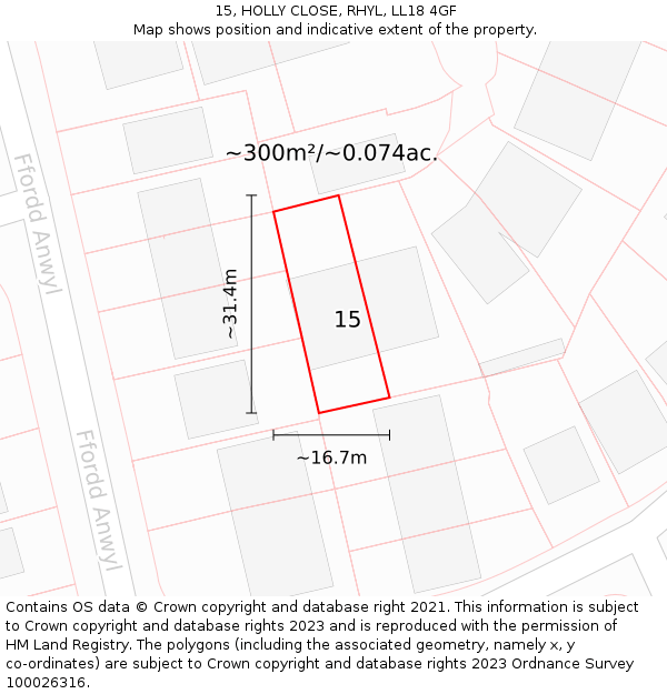 15, HOLLY CLOSE, RHYL, LL18 4GF: Plot and title map