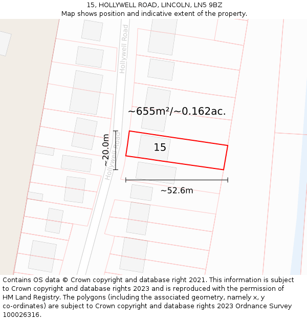 15, HOLLYWELL ROAD, LINCOLN, LN5 9BZ: Plot and title map