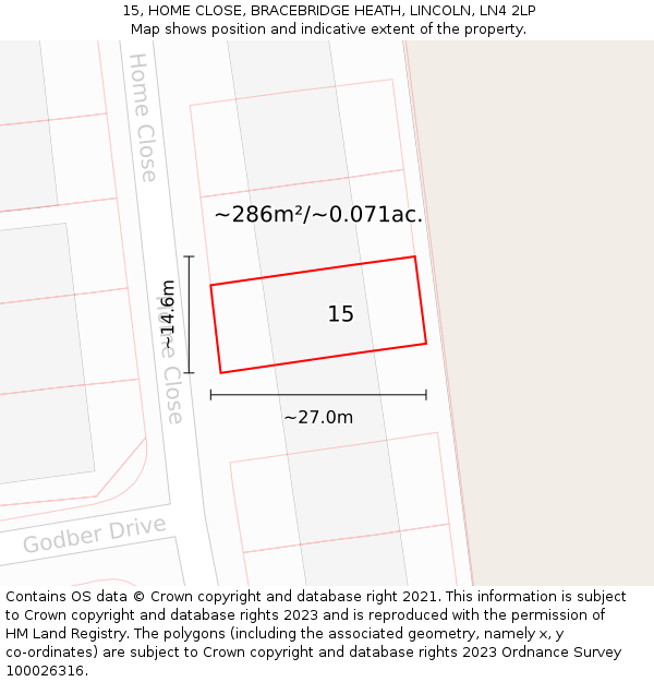 15, HOME CLOSE, BRACEBRIDGE HEATH, LINCOLN, LN4 2LP: Plot and title map