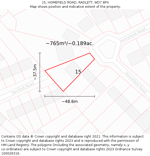 15, HOMEFIELD ROAD, RADLETT, WD7 8PX: Plot and title map