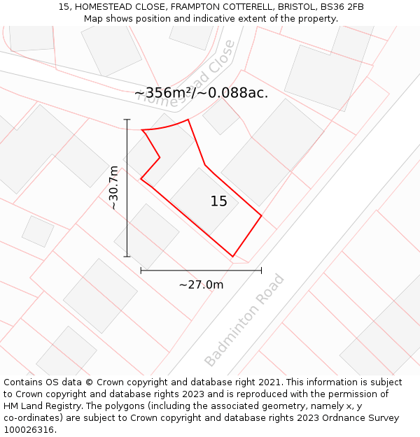 15, HOMESTEAD CLOSE, FRAMPTON COTTERELL, BRISTOL, BS36 2FB: Plot and title map
