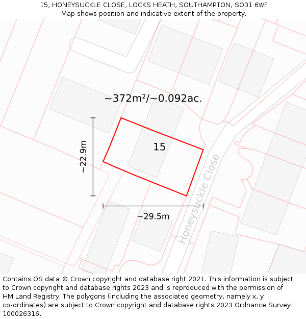15, HONEYSUCKLE CLOSE, LOCKS HEATH, SOUTHAMPTON, SO31 6WF: Plot and title map