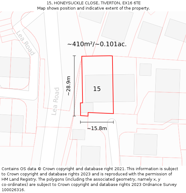 15, HONEYSUCKLE CLOSE, TIVERTON, EX16 6TE: Plot and title map