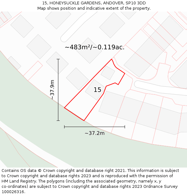 15, HONEYSUCKLE GARDENS, ANDOVER, SP10 3DD: Plot and title map