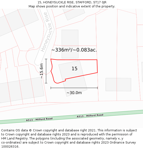 15, HONEYSUCKLE RISE, STAFFORD, ST17 0JR: Plot and title map