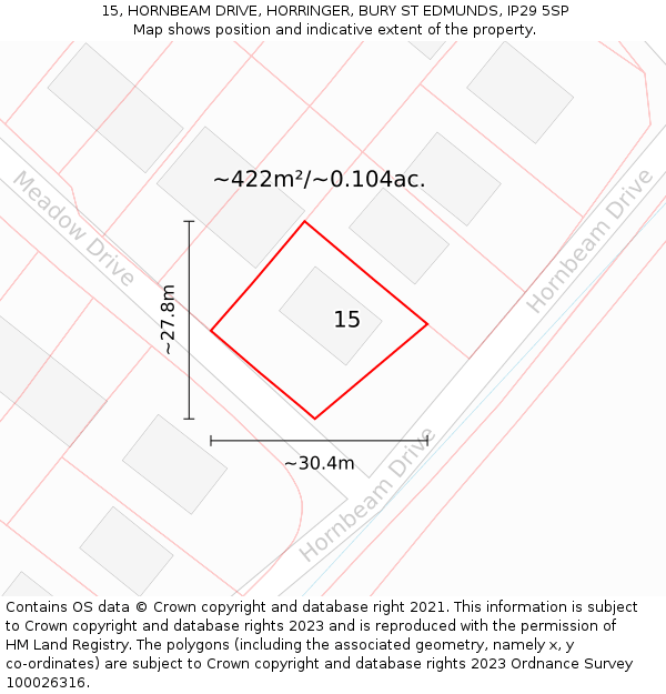 15, HORNBEAM DRIVE, HORRINGER, BURY ST EDMUNDS, IP29 5SP: Plot and title map