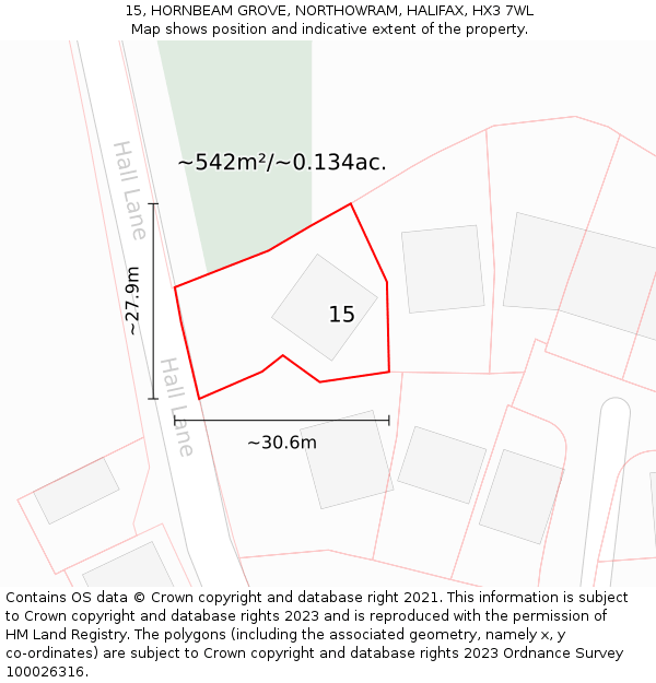 15, HORNBEAM GROVE, NORTHOWRAM, HALIFAX, HX3 7WL: Plot and title map
