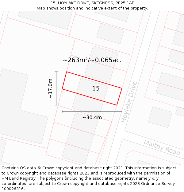 15, HOYLAKE DRIVE, SKEGNESS, PE25 1AB: Plot and title map