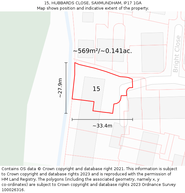 15, HUBBARDS CLOSE, SAXMUNDHAM, IP17 1GA: Plot and title map
