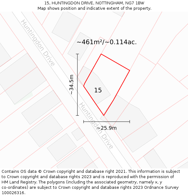 15, HUNTINGDON DRIVE, NOTTINGHAM, NG7 1BW: Plot and title map