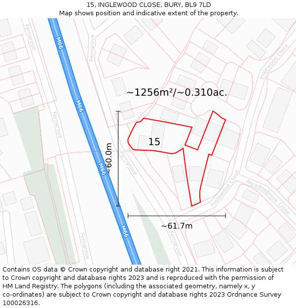 15, INGLEWOOD CLOSE, BURY, BL9 7LD: Plot and title map