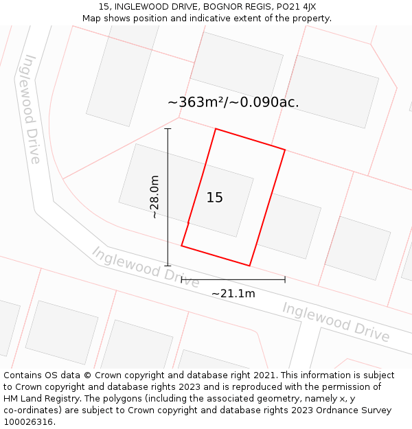 15, INGLEWOOD DRIVE, BOGNOR REGIS, PO21 4JX: Plot and title map