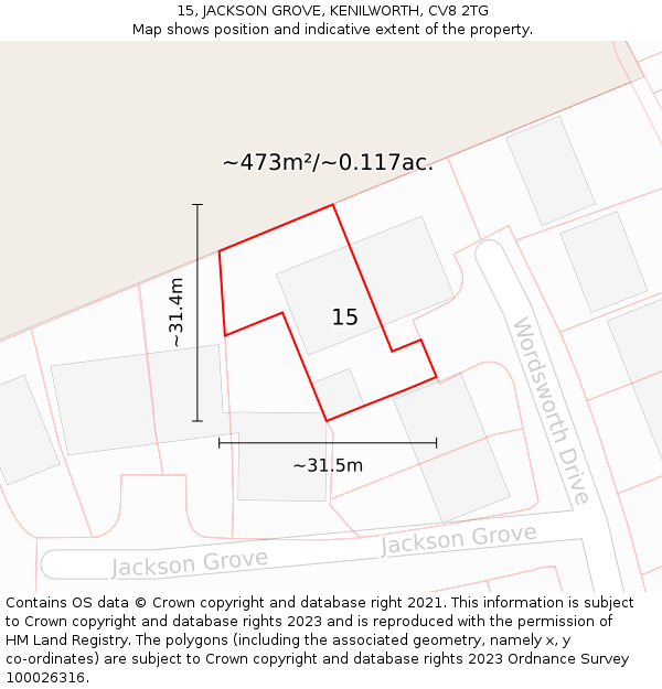 15, JACKSON GROVE, KENILWORTH, CV8 2TG: Plot and title map