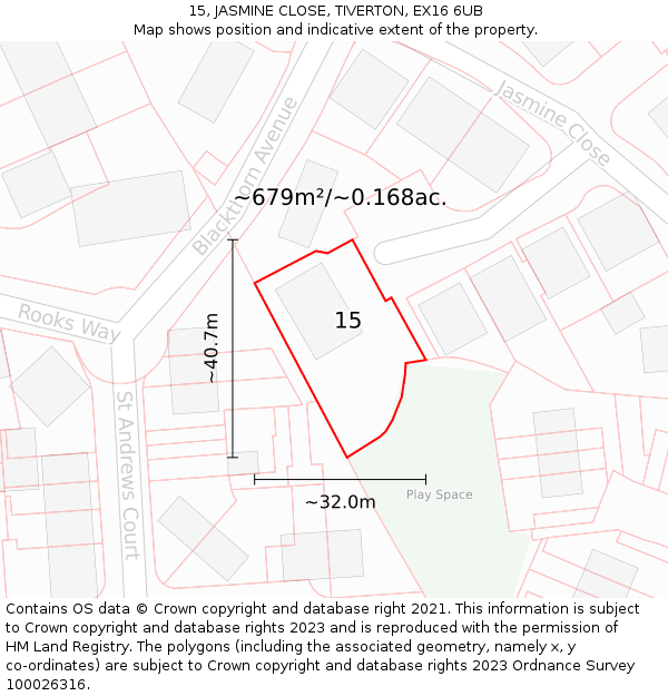 15, JASMINE CLOSE, TIVERTON, EX16 6UB: Plot and title map