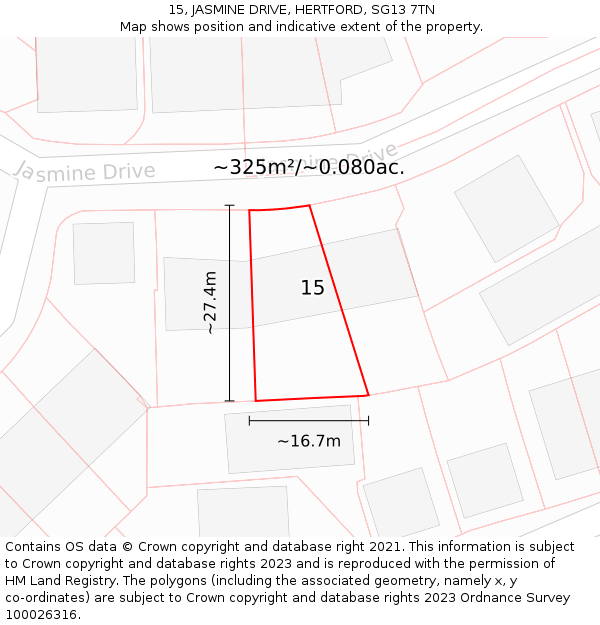 15, JASMINE DRIVE, HERTFORD, SG13 7TN: Plot and title map