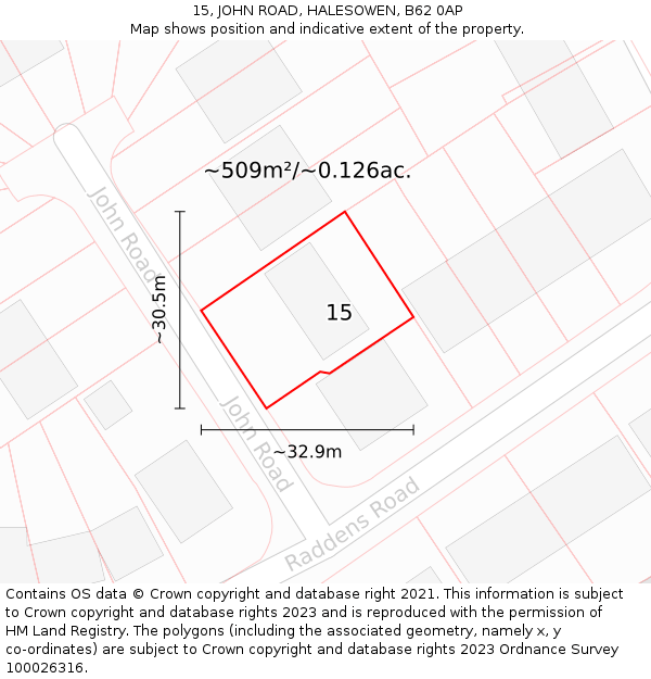 15, JOHN ROAD, HALESOWEN, B62 0AP: Plot and title map