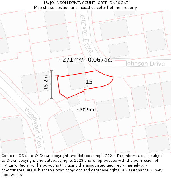 15, JOHNSON DRIVE, SCUNTHORPE, DN16 3NT: Plot and title map