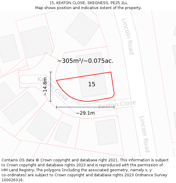 15, KEATON CLOSE, SKEGNESS, PE25 2LL: Plot and title map