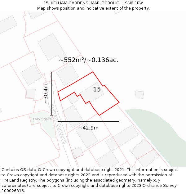 15, KELHAM GARDENS, MARLBOROUGH, SN8 1PW: Plot and title map