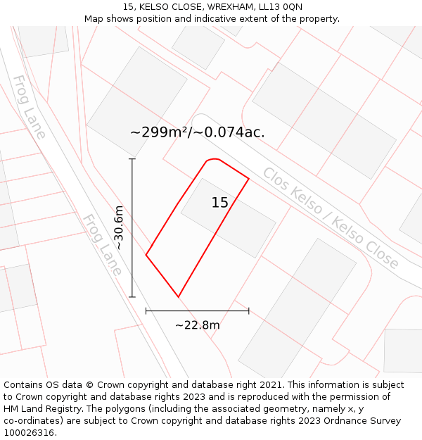 15, KELSO CLOSE, WREXHAM, LL13 0QN: Plot and title map