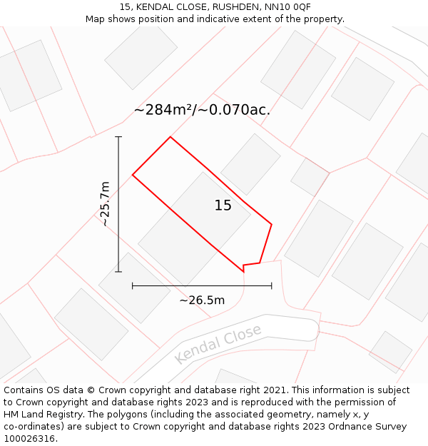 15, KENDAL CLOSE, RUSHDEN, NN10 0QF: Plot and title map