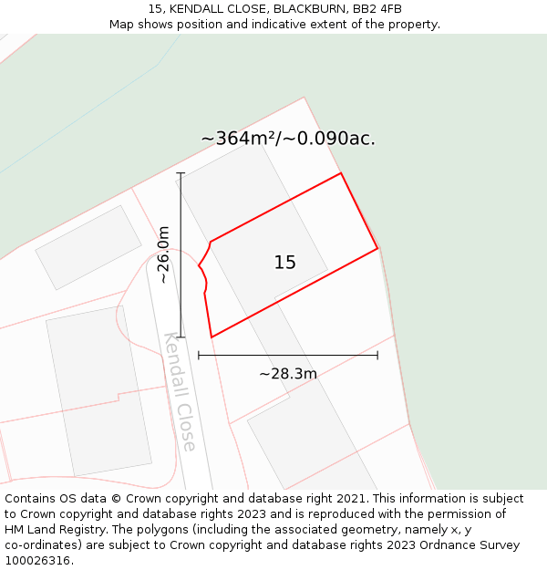 15, KENDALL CLOSE, BLACKBURN, BB2 4FB: Plot and title map