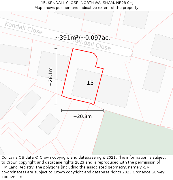 15, KENDALL CLOSE, NORTH WALSHAM, NR28 0HJ: Plot and title map