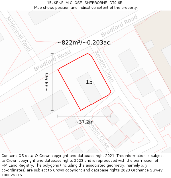 15, KENELM CLOSE, SHERBORNE, DT9 6BL: Plot and title map