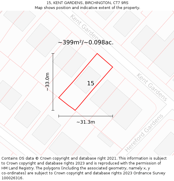 15, KENT GARDENS, BIRCHINGTON, CT7 9RS: Plot and title map