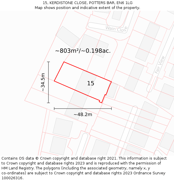 15, KERDISTONE CLOSE, POTTERS BAR, EN6 1LG: Plot and title map