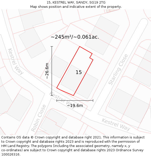 15, KESTREL WAY, SANDY, SG19 2TG: Plot and title map