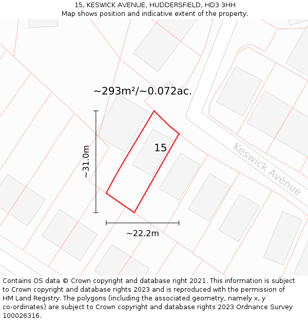 15, KESWICK AVENUE, HUDDERSFIELD, HD3 3HH: Plot and title map