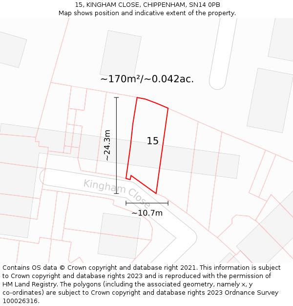 15, KINGHAM CLOSE, CHIPPENHAM, SN14 0PB: Plot and title map