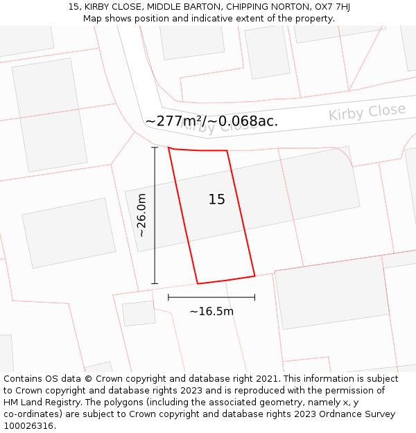 15, KIRBY CLOSE, MIDDLE BARTON, CHIPPING NORTON, OX7 7HJ: Plot and title map