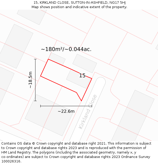 15, KIRKLAND CLOSE, SUTTON-IN-ASHFIELD, NG17 5HJ: Plot and title map