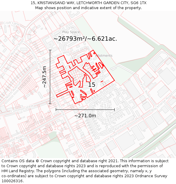 15, KRISTIANSAND WAY, LETCHWORTH GARDEN CITY, SG6 1TX: Plot and title map