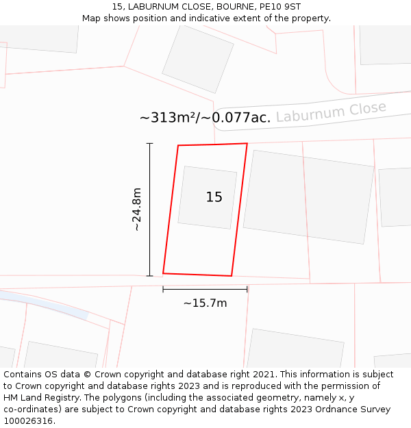 15, LABURNUM CLOSE, BOURNE, PE10 9ST: Plot and title map