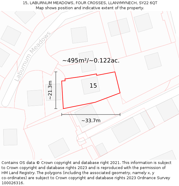 15, LABURNUM MEADOWS, FOUR CROSSES, LLANYMYNECH, SY22 6QT: Plot and title map